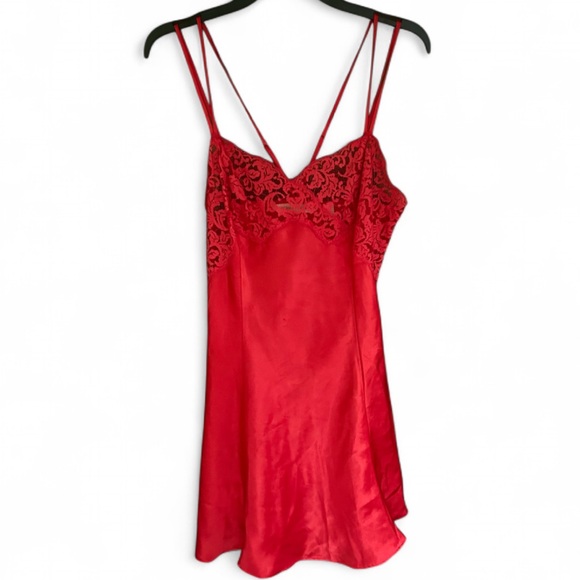 Victoria's Secret Other - Y2K VICTORIAS SECRET Babydoll Cherry Red Lace Trim Mini Slip Dress Coquette Sz M